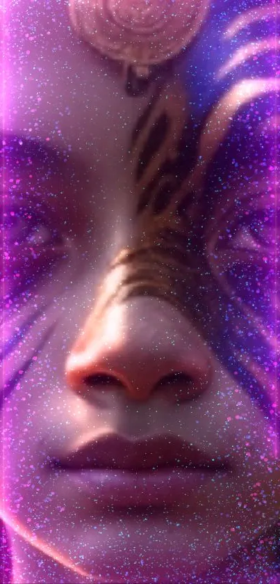 Mystical face with cosmic and purple glow on mobile wallpaper.