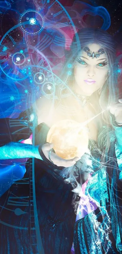 Mystical woman holding cosmic orb in vibrant fantasy wallpaper.