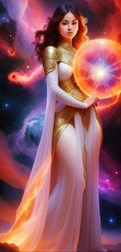 Mystical cosmic woman with glowing energy sphere in vibrant colors.