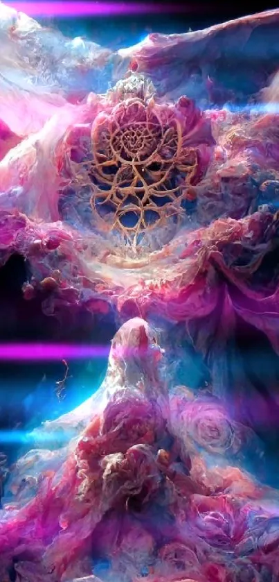 Mystical cosmic fantasy artwork with vibrant pink and intricate designs.