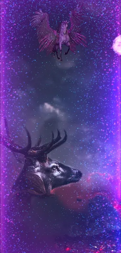 Mystical wallpaper with deer, pegasus, and cosmic purple theme.