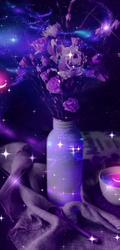 Mystical purple cosmic flowers arrangement with galaxy background.