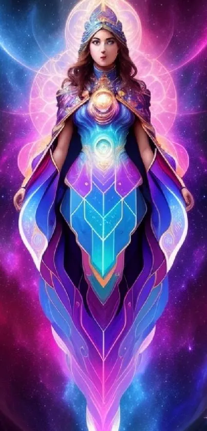 Mystical goddess in vibrant cosmic colors and elegant attire.