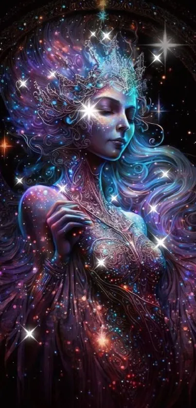 Mystical goddess with cosmic aura, stars illuminating her figure in enchanting design.