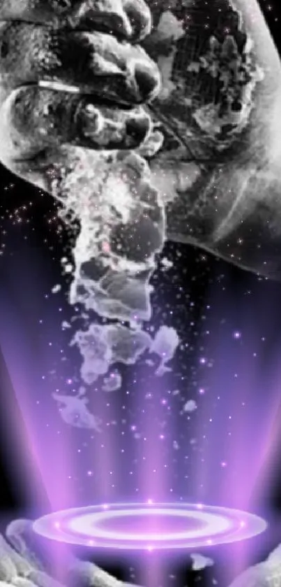 Hand releasing cosmic particles with purple glow