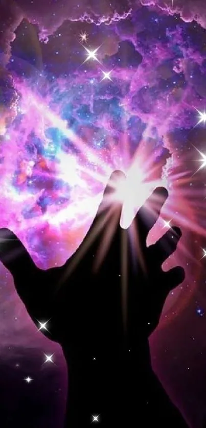 Hand reaching out in a purple cosmic nebula with stars.