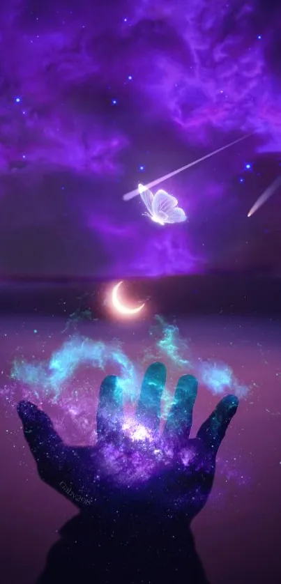 Mystical hand reaching into a purple cosmic galaxy with a crescent moon and butterfly.