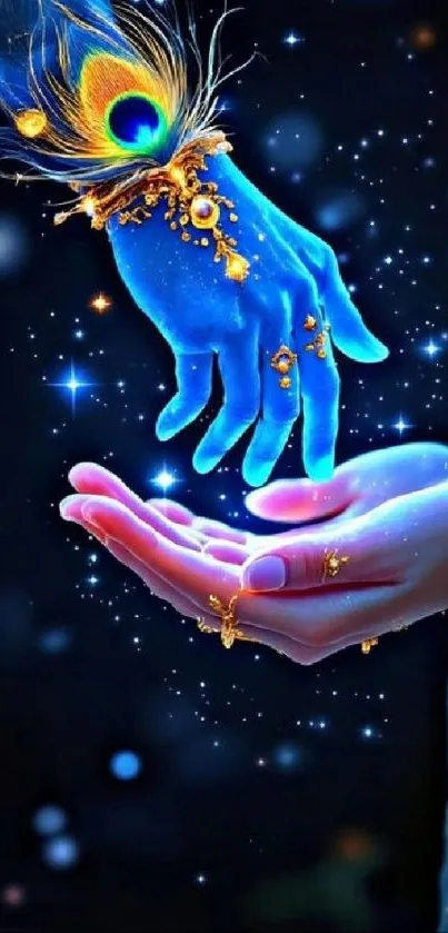 Mystical blue and gold hands in cosmic theme.