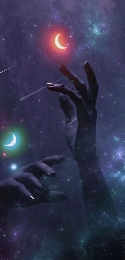 Hands reaching for crescent moons in a mystical cosmic space scene.