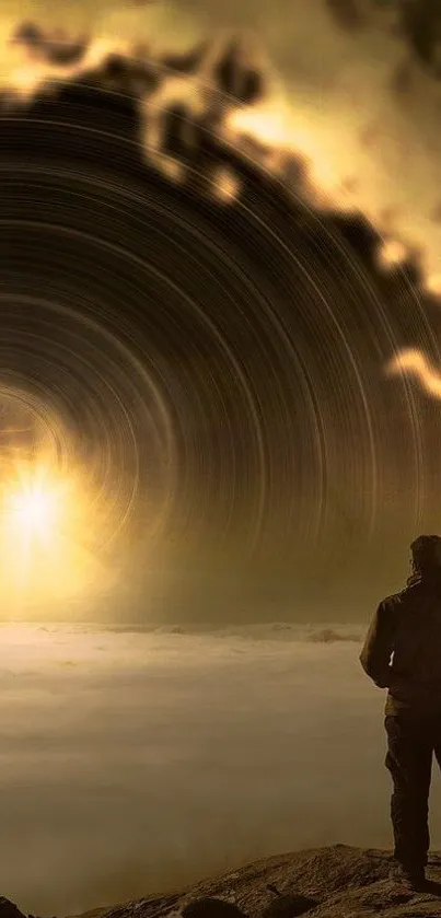 A person stands before a cosmic portal with golden hues and swirling clouds.