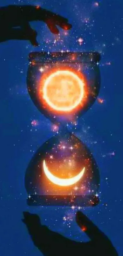 Cosmic hourglass with sun and moon, galaxy background.