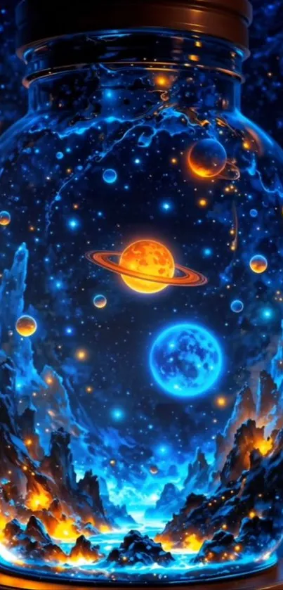 Cosmic jar with planets glowing in vibrant blue and orange hues.