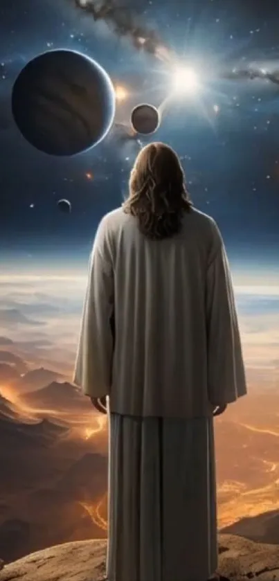 A lone figure gazes at planets and stars in a mystical space landscape.