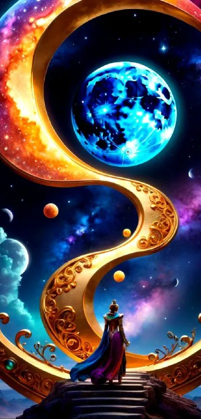 Mystical cosmic wallpaper with vibrant celestial elements and a fantasy theme.