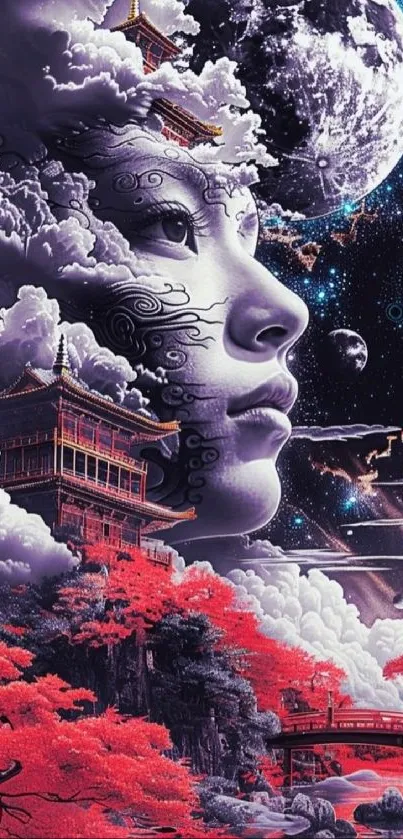 Cosmic fantasy art with a surreal landscape and vibrant red hues.