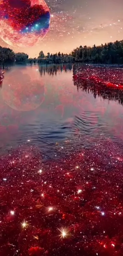 Mystical lake with cosmic red reflections.