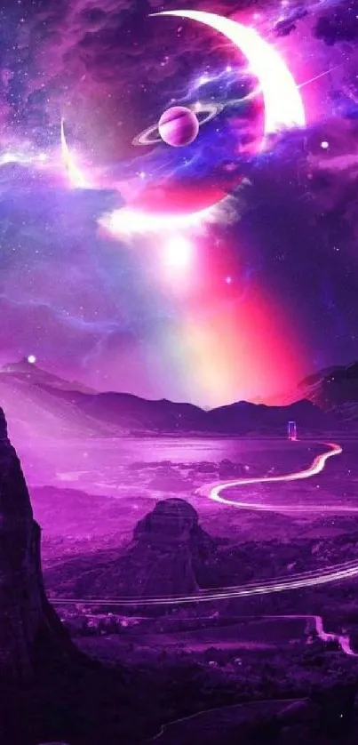 Mystical cosmic landscape with a purple sky and celestial bodies.