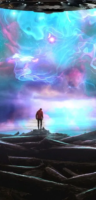 Mystical scene with a person under a cosmic nebula and spaceship.