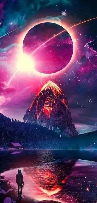 Mystical landscape with eclipse and vibrant cosmic sky.