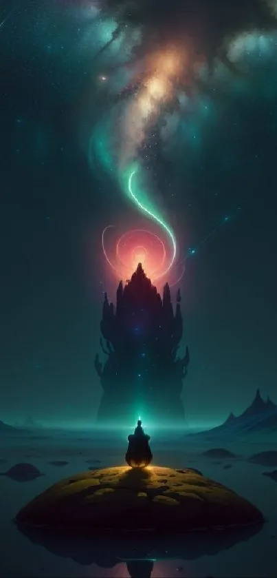 Lone silhouette under vibrant galaxy with mystical tower.