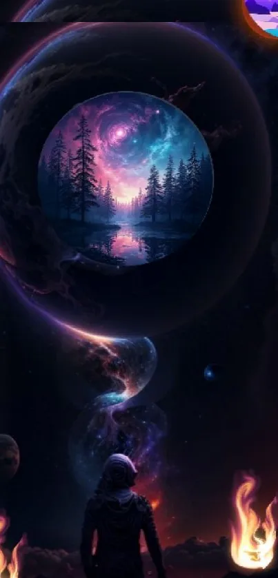 Astronaut before a mystical cosmic galaxy with surreal reflections.