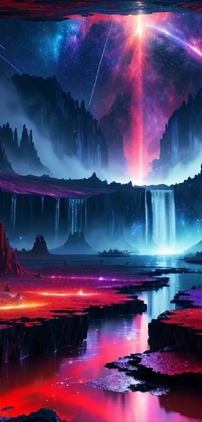 Mystical cosmic landscape with a waterfall and nebula colors.