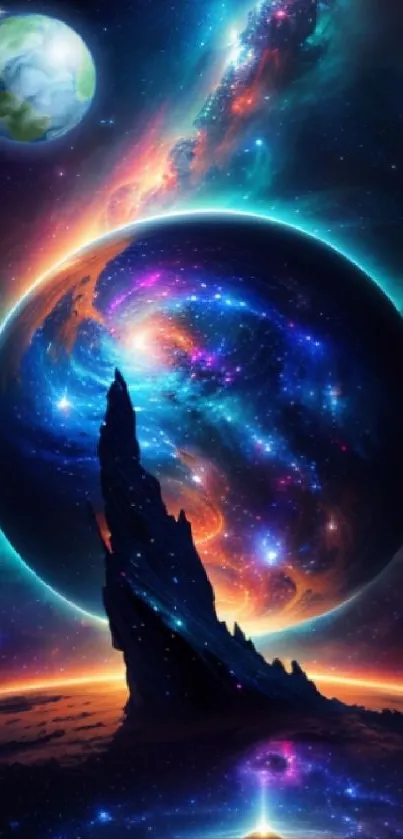 Mystical cosmic landscape with planets and vibrant galaxy background.