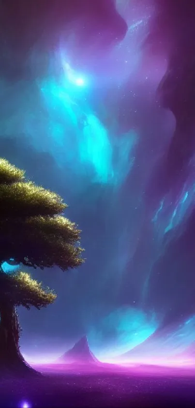 Mystical purple cosmic landscape with a lone tree and vibrant auroras.