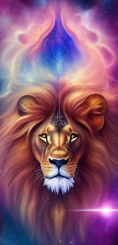 Mystical lion head with cosmic galaxy backdrop.