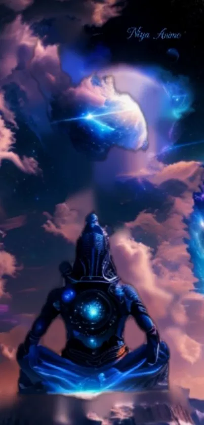Mystical figure meditating in a cosmic galaxy with vibrant colors.