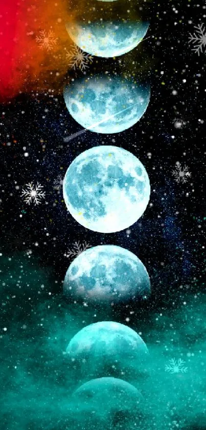 Mystical cosmic wallpaper with moon phases and colorful celestial background.