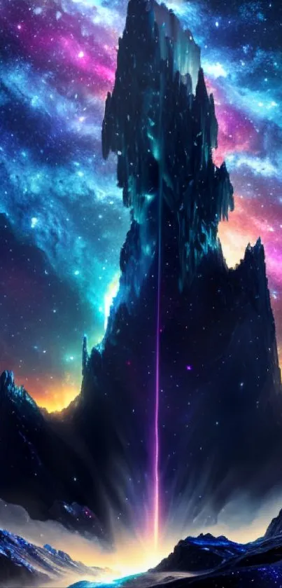 Vibrant cosmic mountain wallpaper with glowing nebula colors and mystical atmosphere.