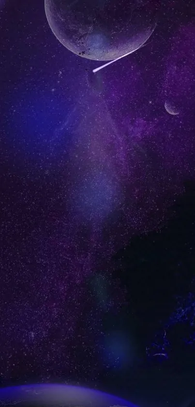 Mystical purple cosmic night sky wallpaper with planets and stars.