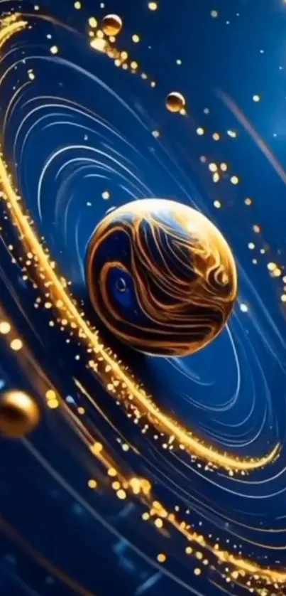 Cosmic orb with golden swirls and particles in space.