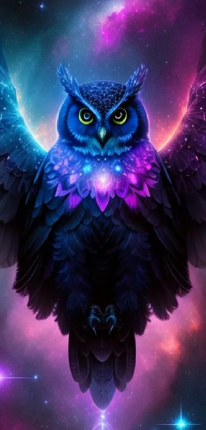 Cosmic owl glowing in a vibrant galaxy, wings spread wide in a starry nebula.