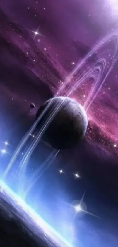 Wallpaper showing a mystical planet with rings and stars in a purple galaxy.