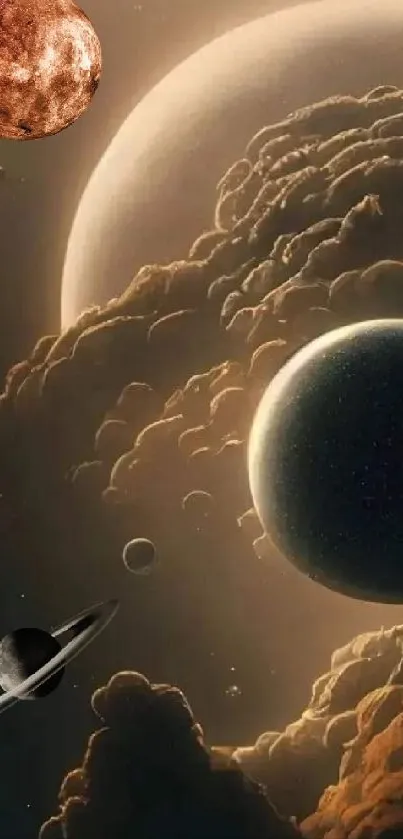 Mystical cosmic wallpaper with planets and clouds.