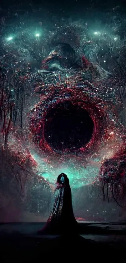 Mystical cosmic portal with dark and colorful vortex imagery.