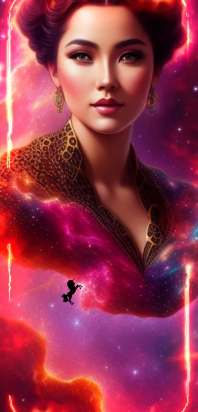 Mystical cosmic wallpaper featuring a vibrant portrait with neon and celestial elements.