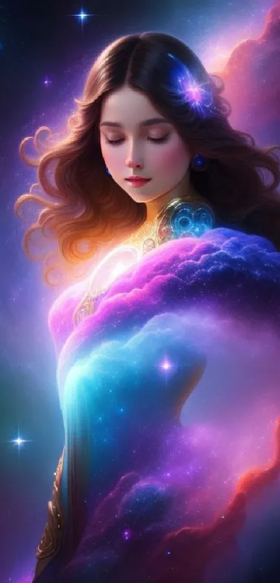 Fantasy cosmic wallpaper with serene figure in vibrant colors.