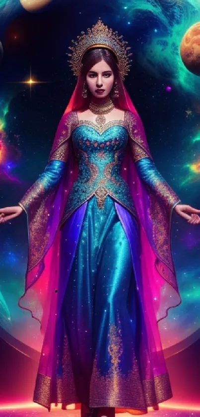 Mystical princess in vibrant cosmic background with planets.