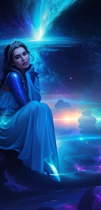 Mystical cosmic princess in vibrant blue cosmic setting, surrounded by a starry galaxy.