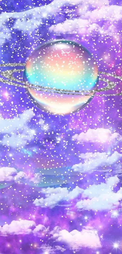 Cosmic wallpaper with purple clouds and holographic planet.