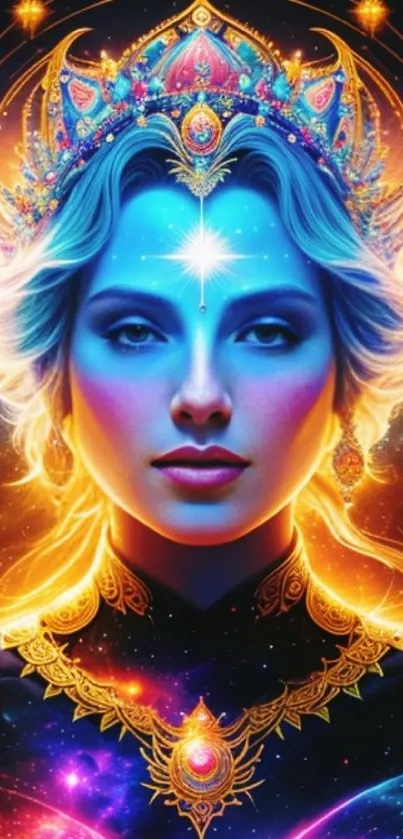 Digital art of a mystical cosmic queen with vibrant blue and gold colors.