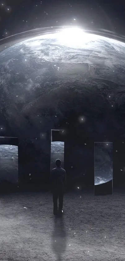 Mystical cosmic wallpaper with planets and portals.