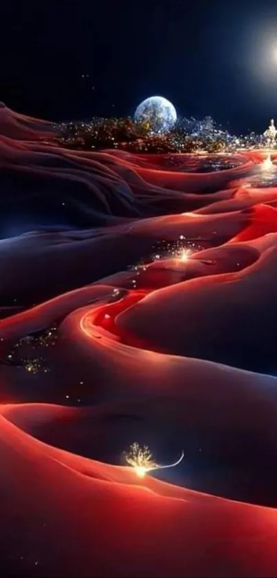 Mystical cosmic river with glowing lights under a starry sky.