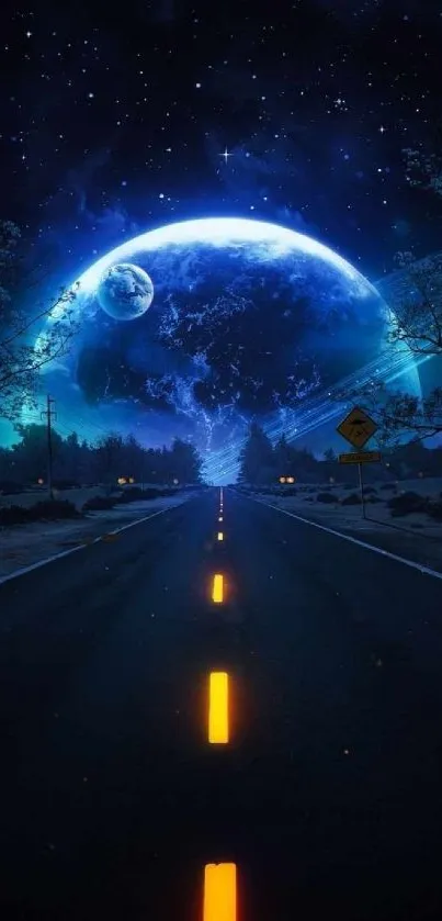 Cosmic night road with a glowing blue planet in a starry sky.
