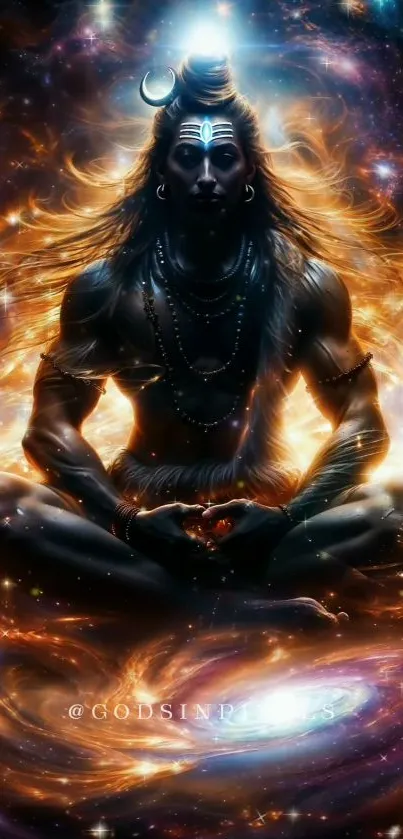 Shiva meditates amidst cosmic energy.