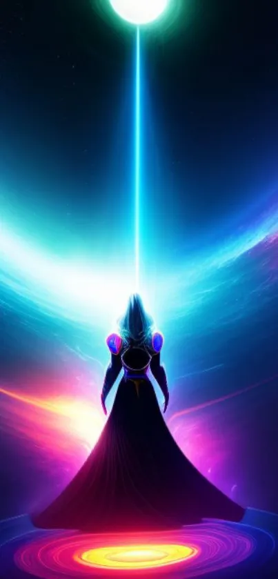 A mystical cosmic silhouette with vibrant light emanating in space.