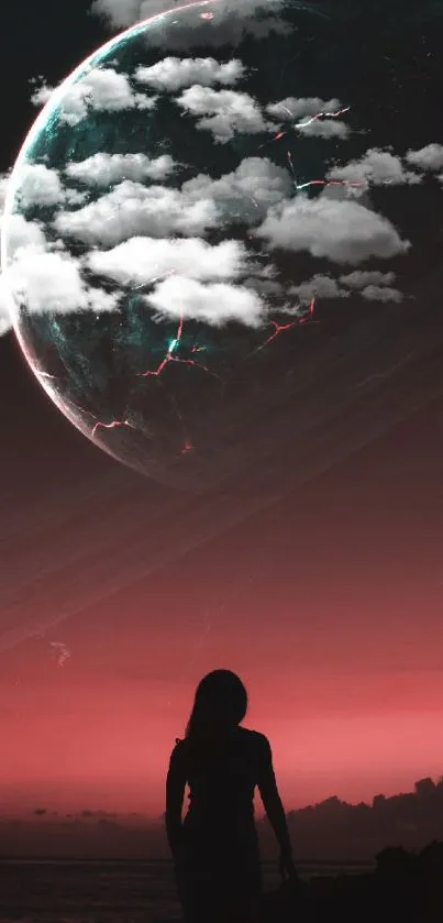 Silhouette against a glowing planet with a red sky